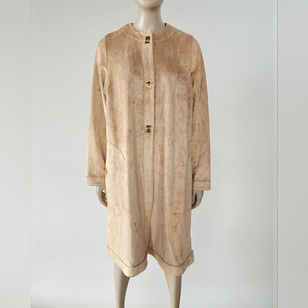 Gretchen Scott Bonne Faux Suede Long Coat Beige Womens S Turn Lock Button New